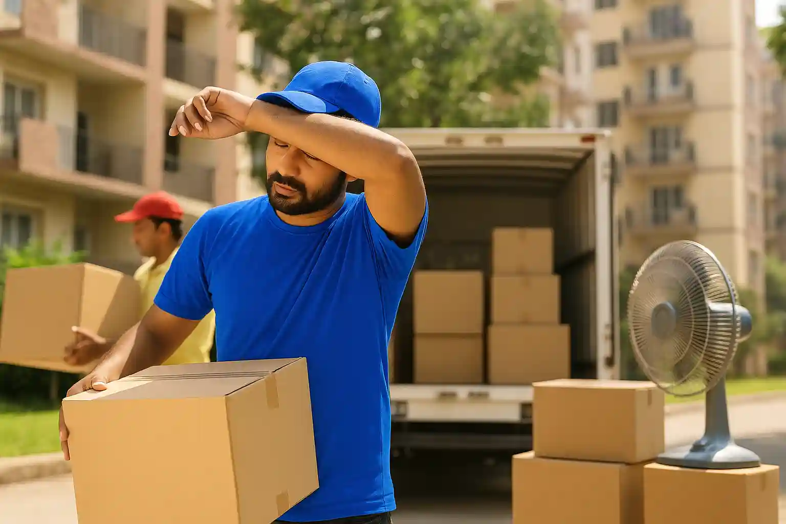 A South Asian mover in a blue T-shirt wipes sweat from his forehead while carrying a cardboard box near a moving truck on a hot summer day in India.