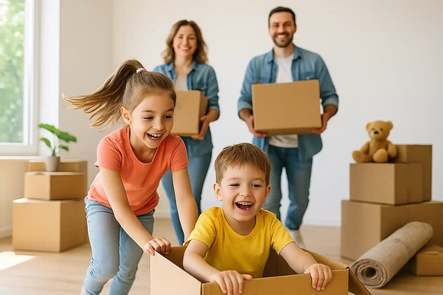 A cheerful family of four is unpacking in their new home, with two young kids playfully interacting with cardboard boxes during the moving process.