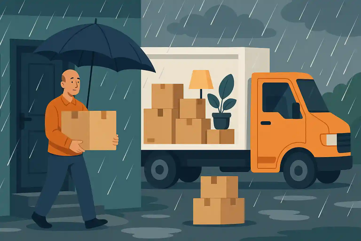 Man carrying a box under an umbrella during rain while loading items into a moving truck outside a house.