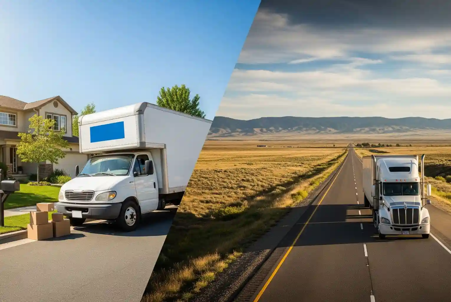 A split image contrasting a small moving truck on a suburban street for a local move with a large semi-truck on an open highway for a long-distance moving.