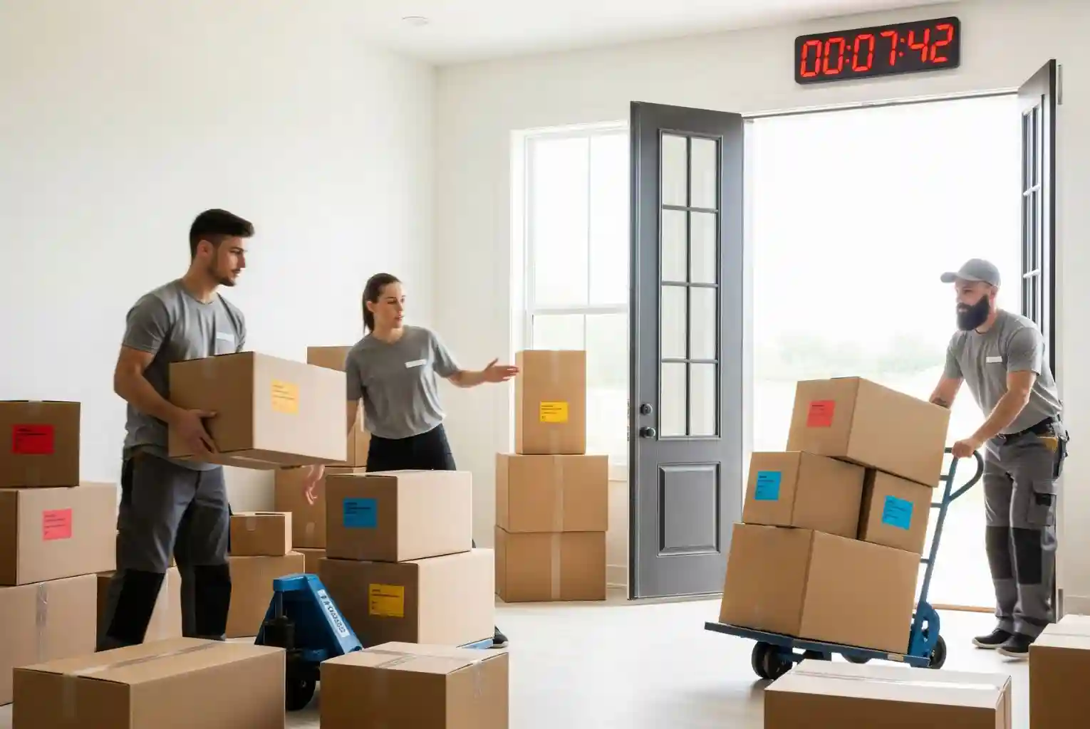 A team of professional movers efficiently packs and loads boxes, with a large digital clock in the background emphasizing a fast and productive moving day.