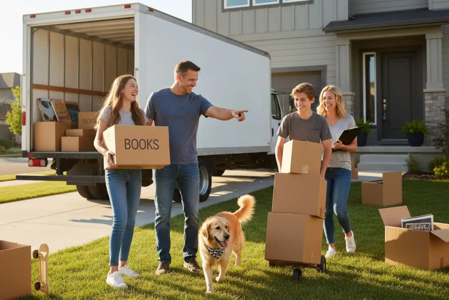 A family, including two teenagers and a golden retriever, is actively moving into a new house. They are carrying moving boxes, and a moving truck is parked in the driveway.