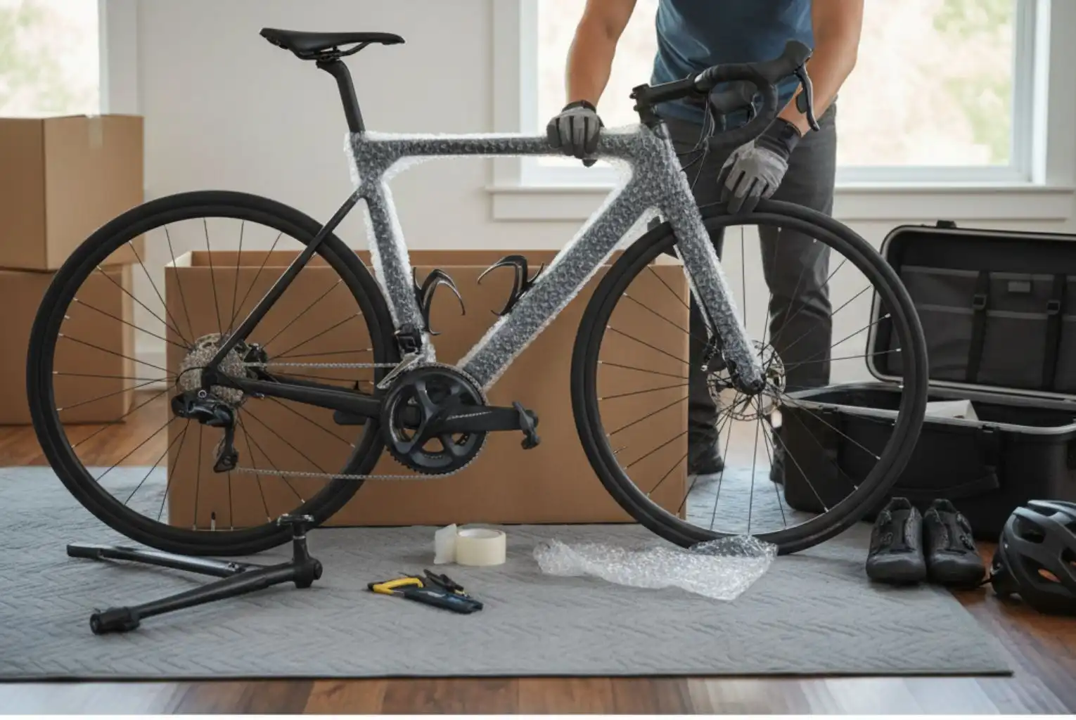 A person carefully wraps a road bicycle in bubble wrap next to a large cardboard box, preparing it for a move.