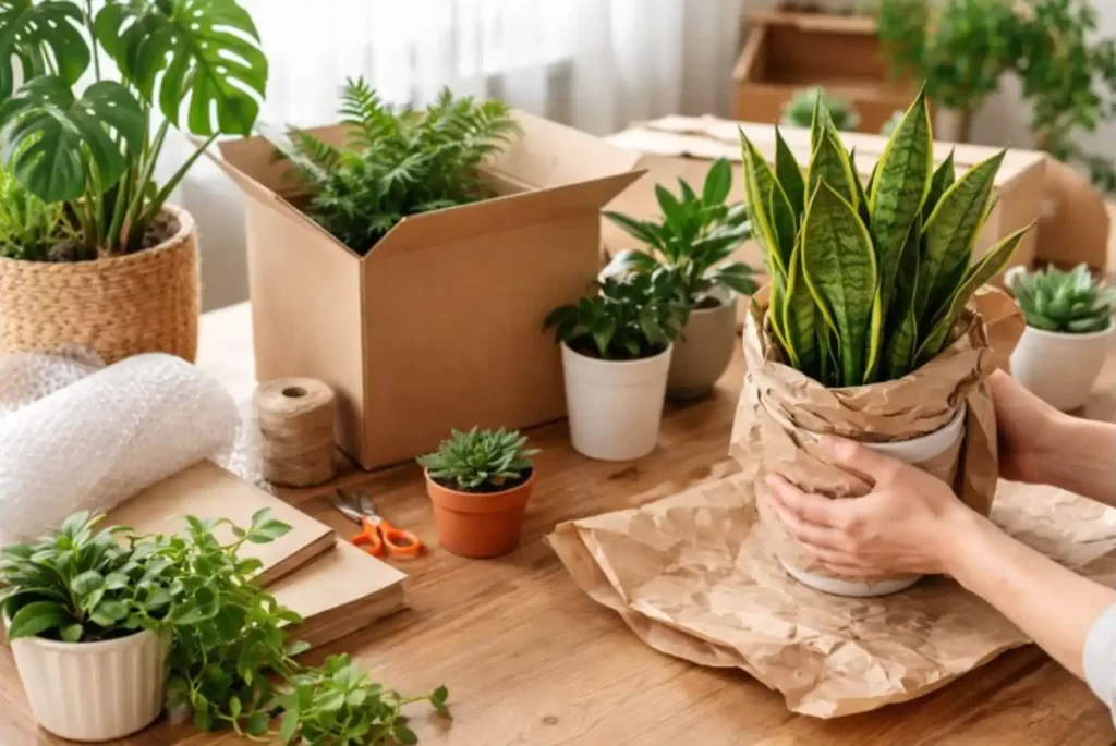 Hands carefully packing indoor plants in pots using paper and boxes to move plants safely during home relocation.