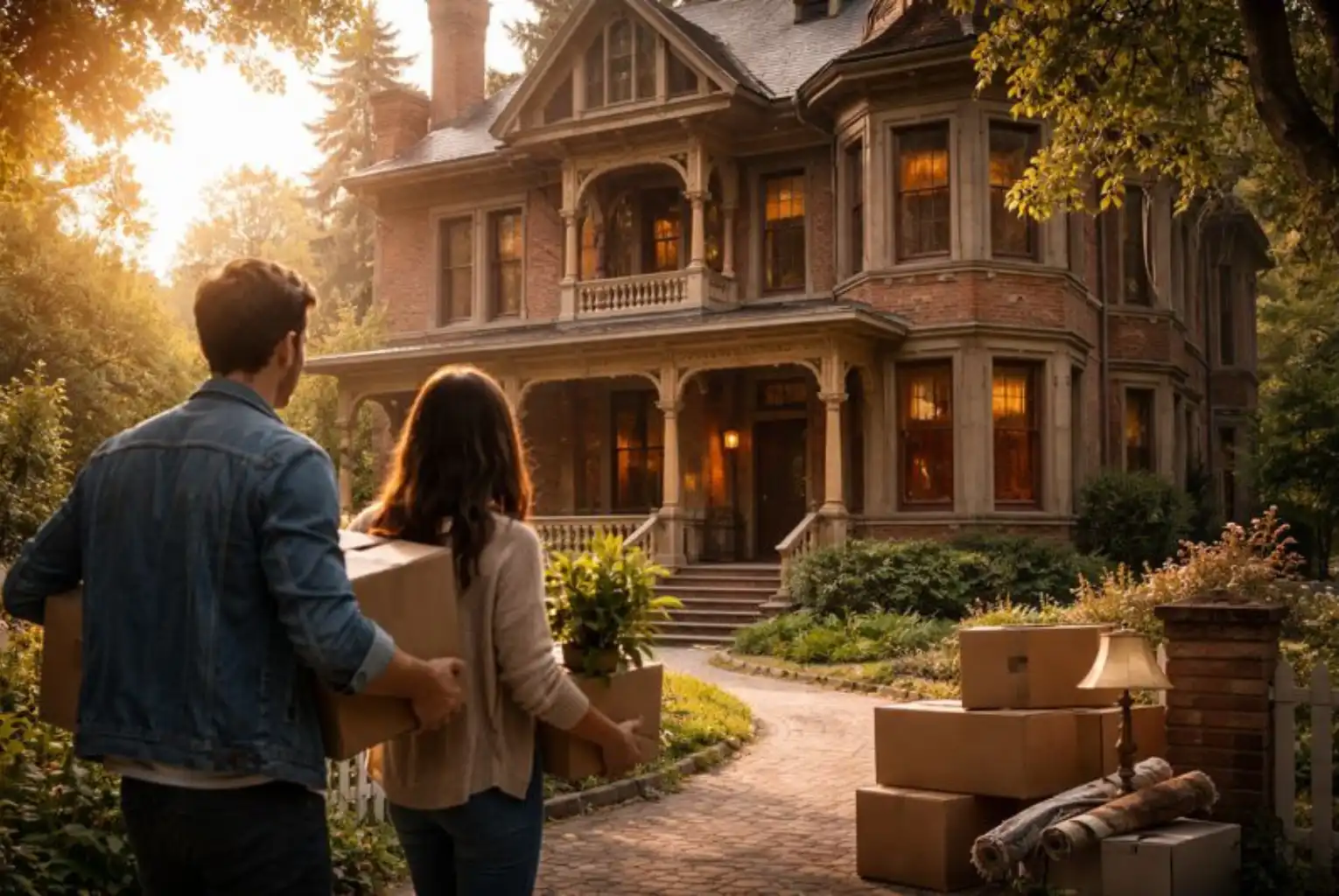 Couple moving into a historic home in a heritage neighborhood with packed boxes and preserved architecture