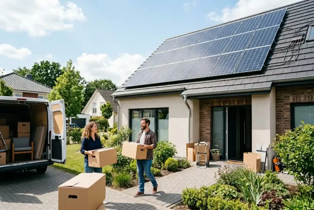 Couple moving boxes into a house with rooftop solar panels during relocation