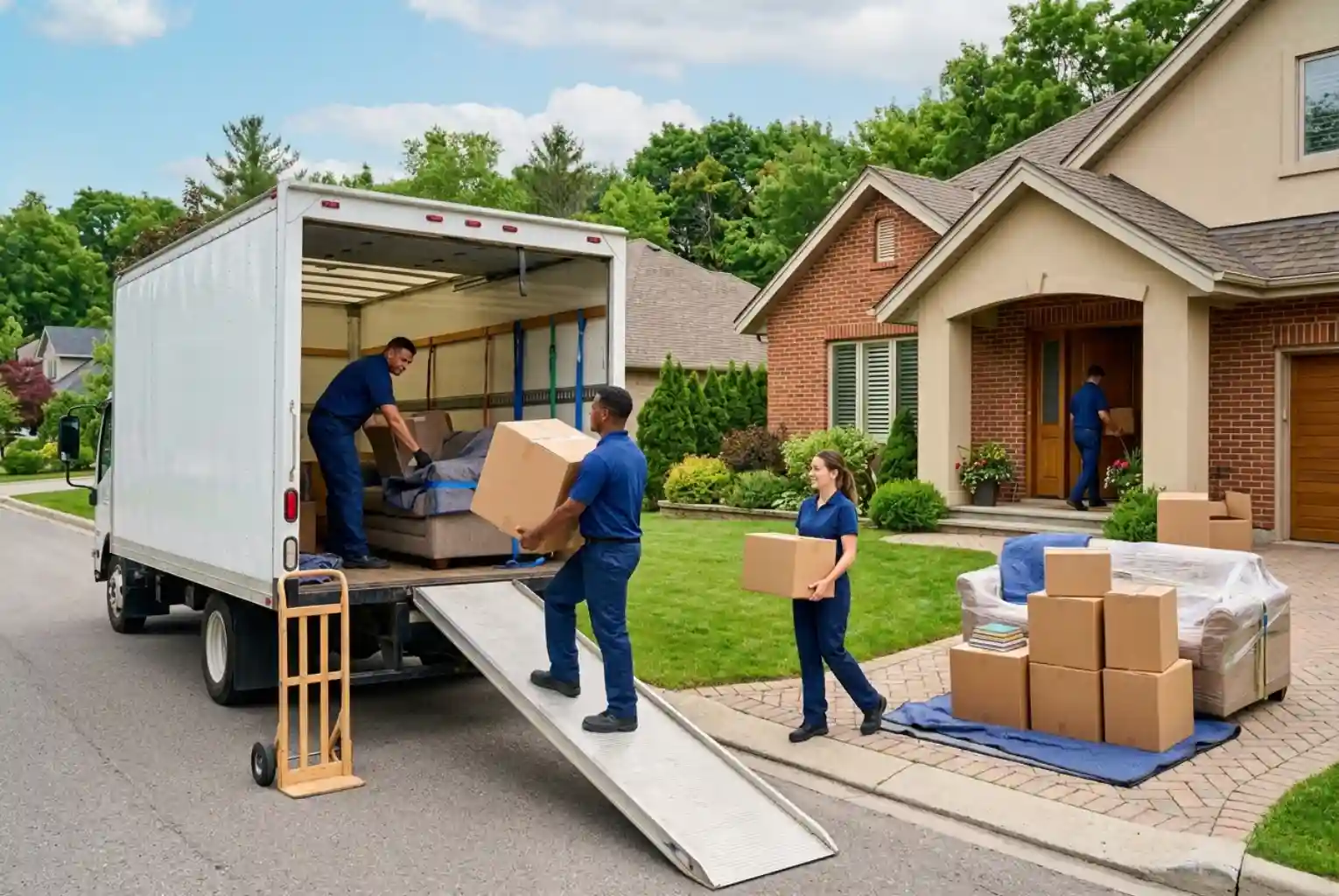 Professional packers and movers in blue uniforms efficiently loading cardboard boxes and furniture into a white moving truck parked in front of a suburban house.
