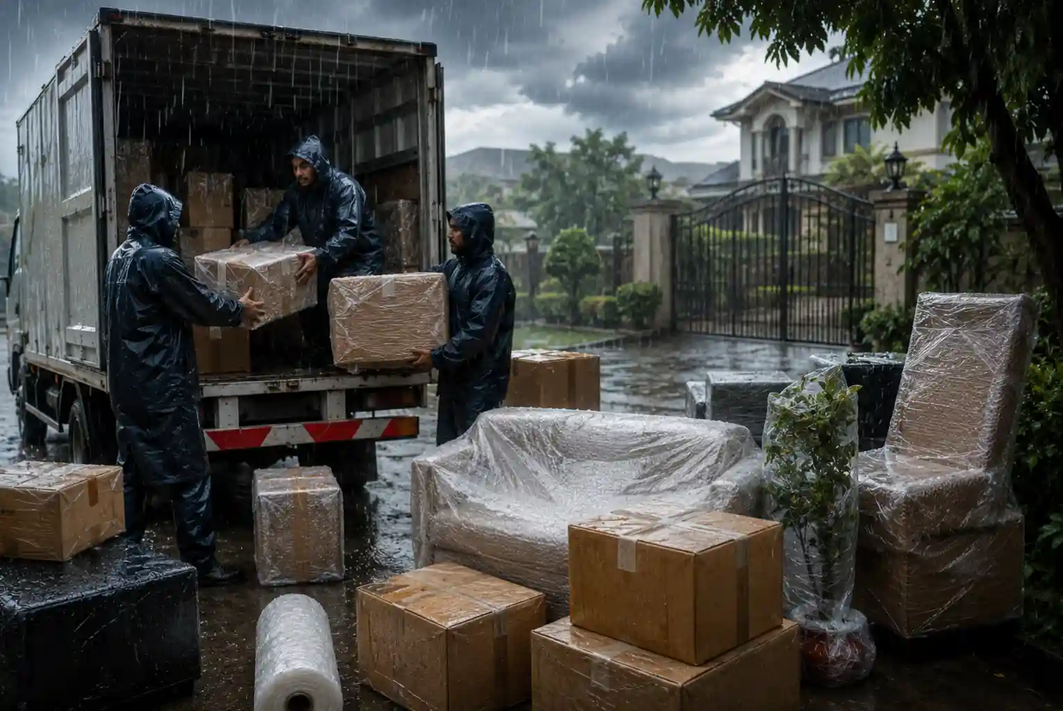 Movers loading waterproof packed household items into a truck during heavy monsoon rain in India.