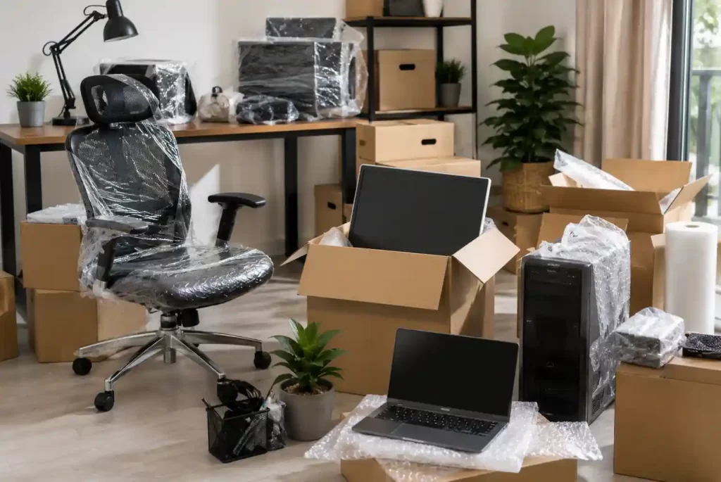 Packed home office setup with wrapped monitor, laptop, CPU, ergonomic chair, and office equipment prepared safely for relocation.