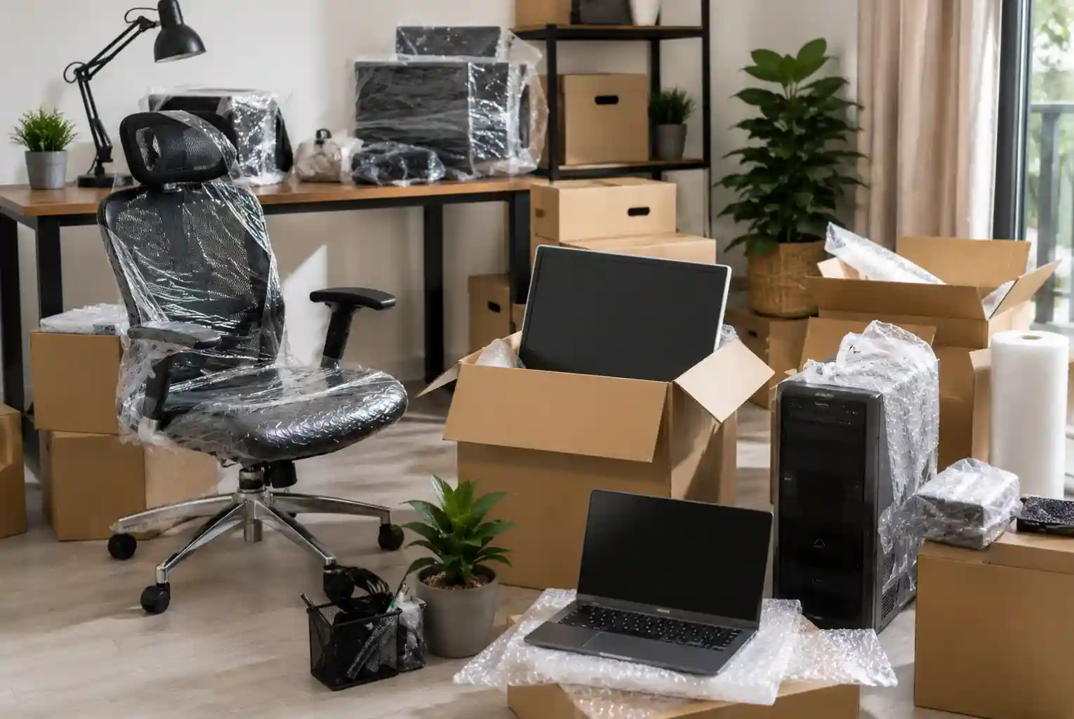 Packed home office setup with wrapped monitor, laptop, CPU, ergonomic chair, and office equipment prepared safely for relocation.