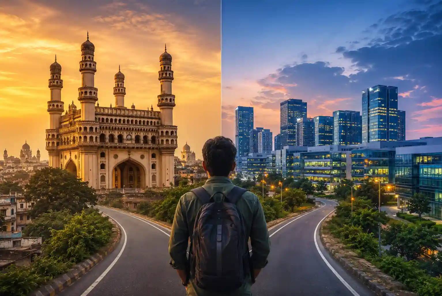 Hyderabad vs. Bangalore city comparison for IT professionals planning relocation in 2026, featuring historic landmarks and modern technology business districts.