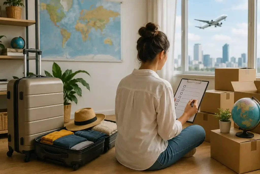 A woman sitting on the floor in a bright room completes a relocation checklist on a clipboard, surrounded by packed suitcases, folded clothes, and moving boxes, with a world map on the wall and an airplane visible through the window.