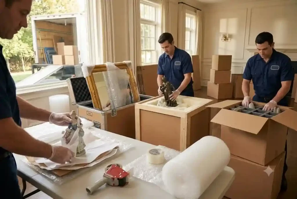 Professional movers demonstrating a secure packing process by carefully wrapping and packing fragile household items for safe relocation.