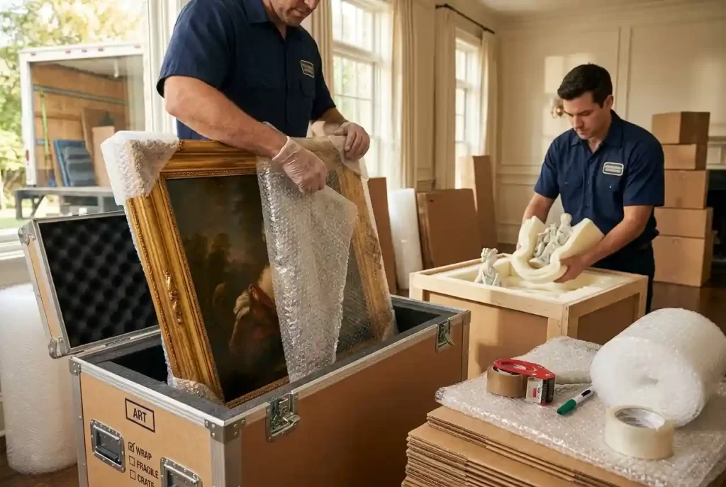 Two movers in blue uniforms providing professional packing for a large framed painting and a fragile sculpture using custom crates and bubble wrap.