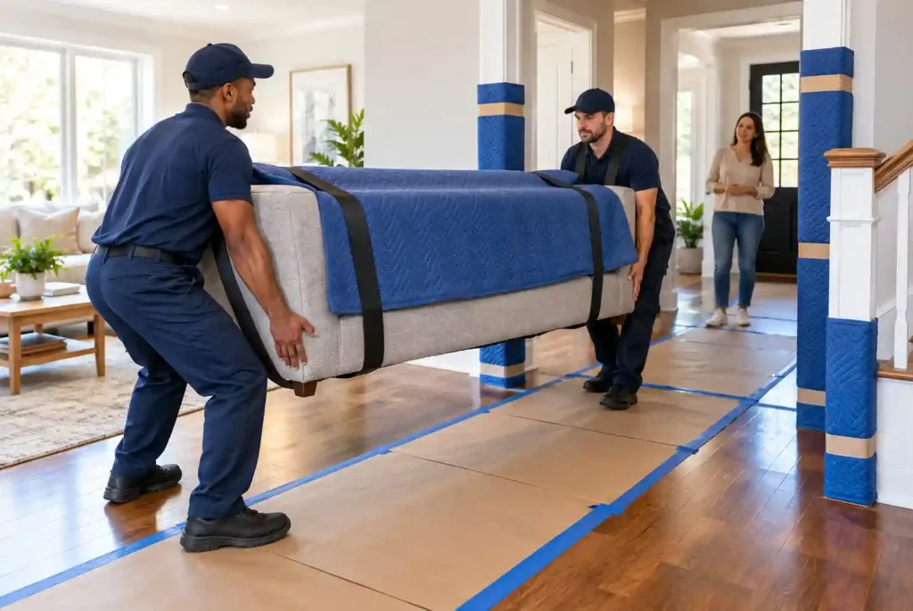 Professional movers carefully carrying a heavy sofa through a home using protective blankets and floor coverings.
