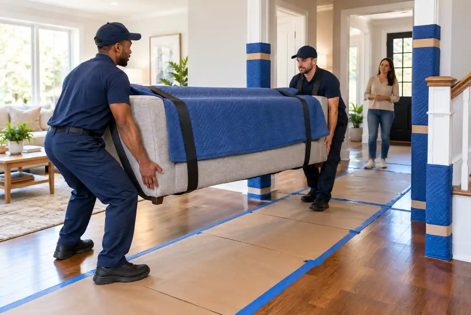 Professional movers carefully carrying a heavy sofa through a home using protective blankets and floor coverings.