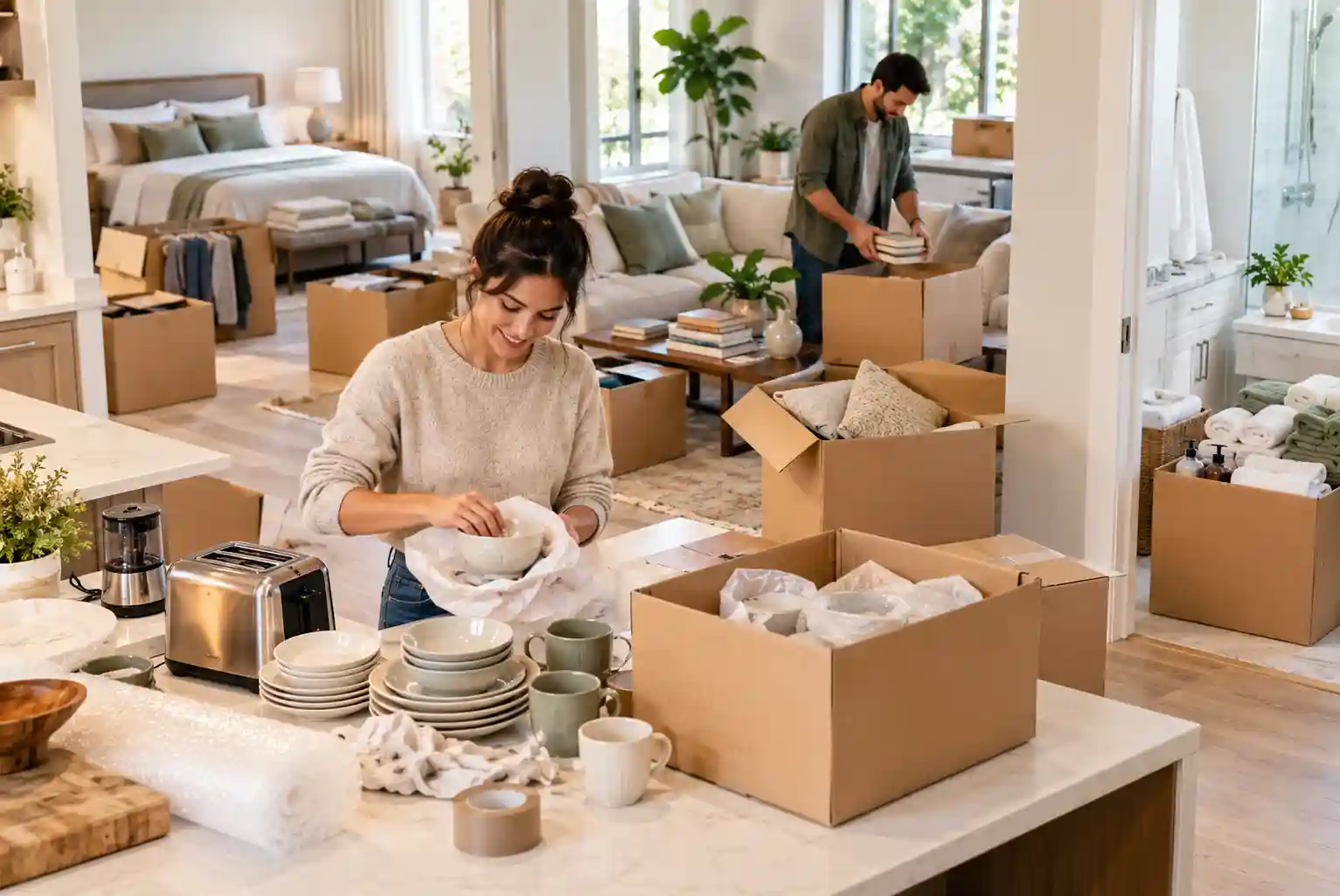 Couple packing kitchen items, books, linens, and household essentials in different rooms before moving house.