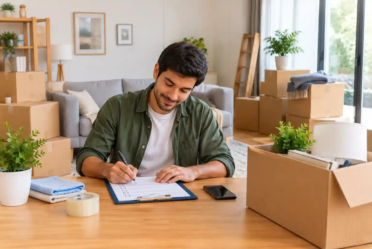 A man preparing his home for relocation by organizing packing supplies, checking a pre-move checklist, and arranging moving boxes.